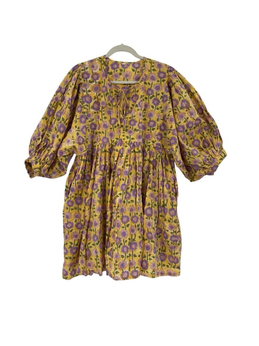 India Size L Mini Dress Floral Block Print 100% Cotton Cottagecore Peasant Boho